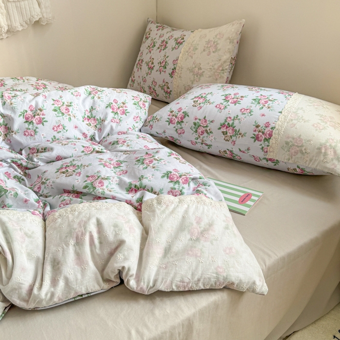 91家纺网 家纺一手货源 找家纺 温眠家纺 2025新款ins风小清新镂空花边水洗云朵棉四件套-风格二 春之语