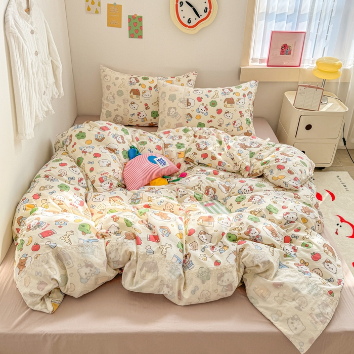 91家纺网 家纺一手货源 找家纺 温眠家纺 2025新款ins风小清新镂空花边水洗云朵棉四件套-风格二 凯蒂屋