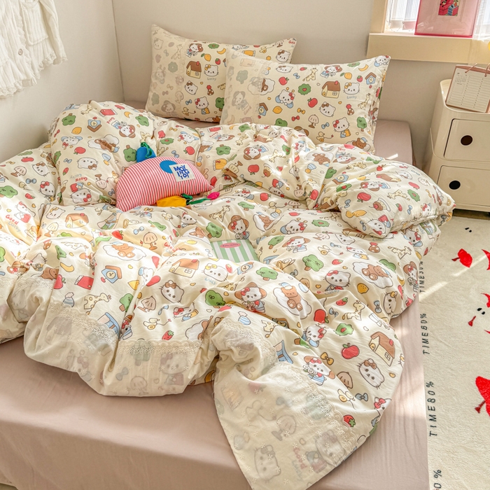 91家纺网 家纺一手货源 找家纺 温眠家纺 2025新款ins风小清新镂空花边水洗云朵棉四件套-风格二 凯蒂屋