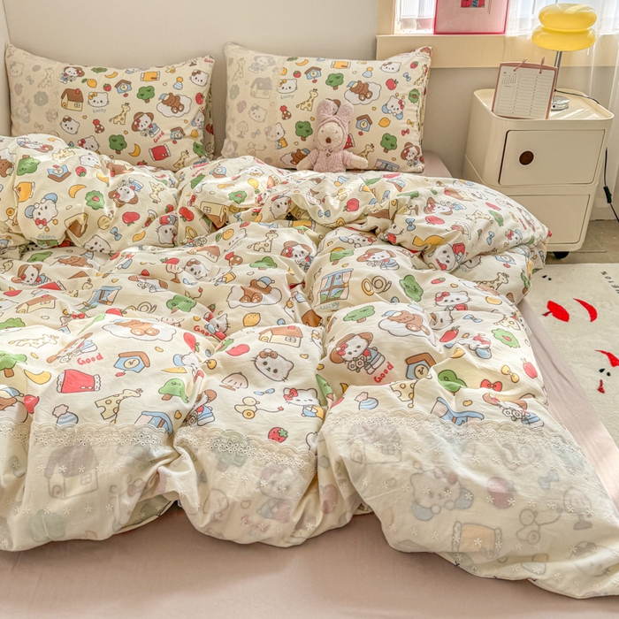 91家纺网 家纺一手货源 找家纺 温眠家纺 2025新款ins风小清新镂空花边水洗云朵棉四件套-风格二 凯蒂屋