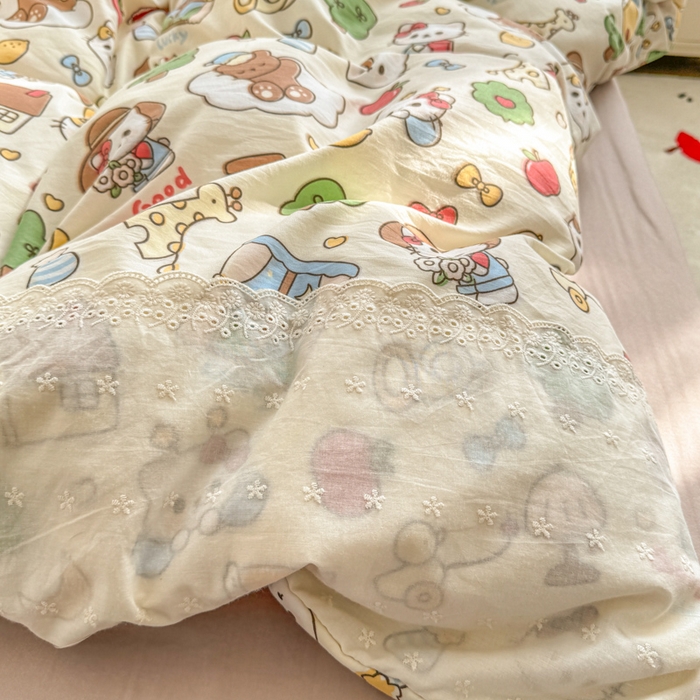 91家纺网 家纺一手货源 找家纺 温眠家纺 2025新款ins风小清新镂空花边水洗云朵棉四件套-风格二 凯蒂屋