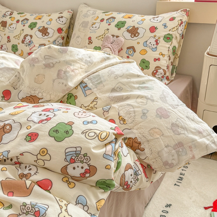 91家纺网 家纺一手货源 找家纺 温眠家纺 2025新款ins风小清新镂空花边水洗云朵棉四件套-风格二 凯蒂屋