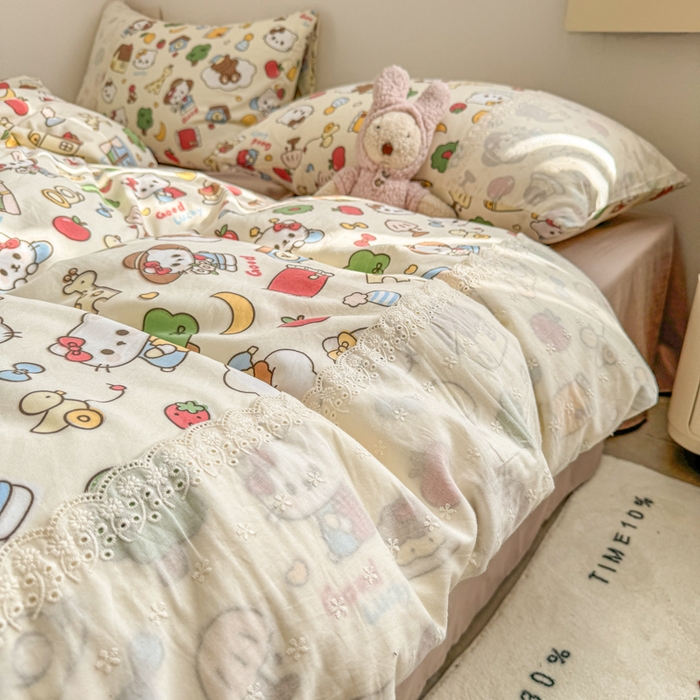 91家纺网 家纺一手货源 找家纺 温眠家纺 2025新款ins风小清新镂空花边水洗云朵棉四件套-风格二 凯蒂屋