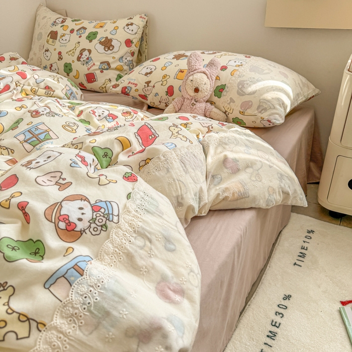 91家纺网 家纺一手货源 找家纺 温眠家纺 2025新款ins风小清新镂空花边水洗云朵棉四件套-风格二 凯蒂屋