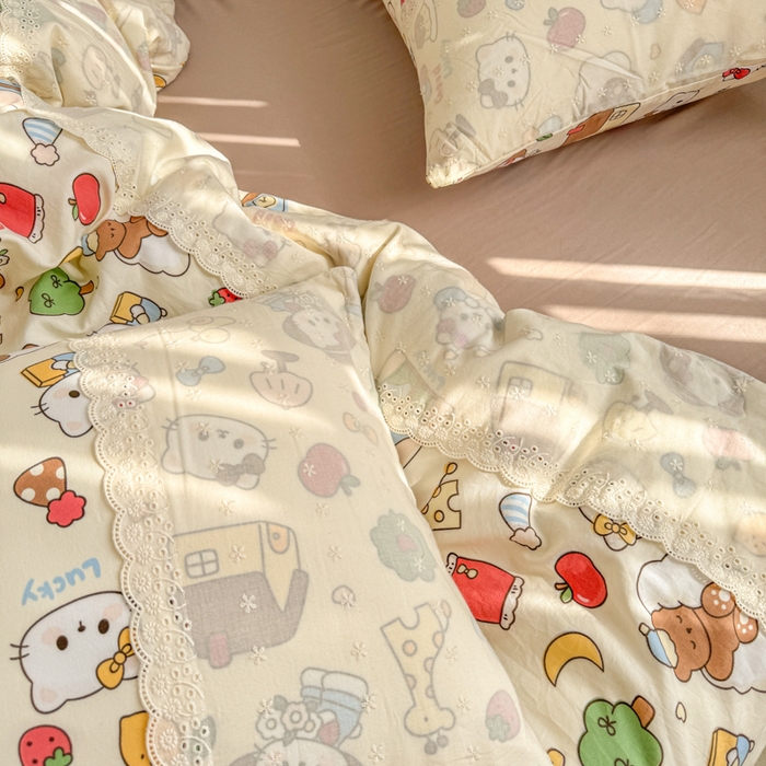 91家纺网 家纺一手货源 找家纺 温眠家纺 2025新款ins风小清新镂空花边水洗云朵棉四件套-风格二 凯蒂屋