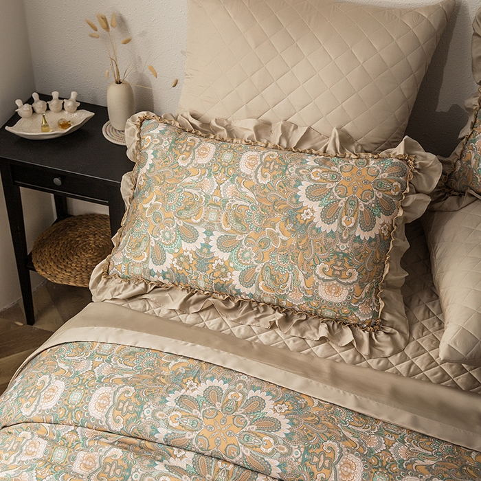 91家纺网 家纺一手货源 找家纺 恩和家纺 2026新款50s莱赛尔天丝床盖被法式飞边款四件套 繁花