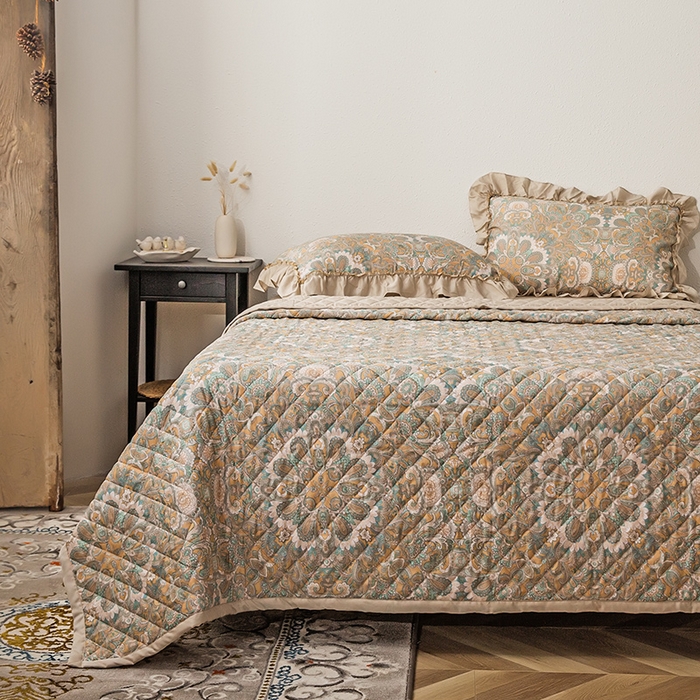 91家纺网 家纺一手货源 找家纺 恩和家纺 2026新款50s莱赛尔天丝床盖被法式飞边款四件套 繁花