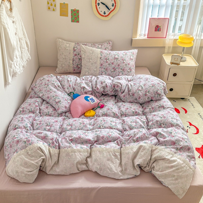 91家纺网 家纺一手货源 找家纺 温眠家纺 2025新款ins风小清新镂空花边水洗云朵棉四件套-风格二 美玲说