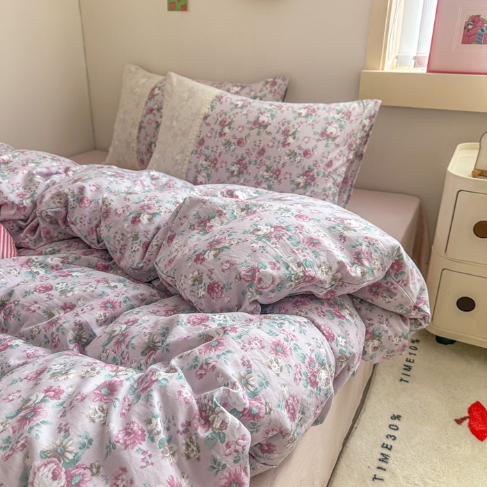 91家纺网 家纺一手货源 找家纺 温眠家纺 2025新款ins风小清新镂空花边水洗云朵棉四件套-风格二 美玲说