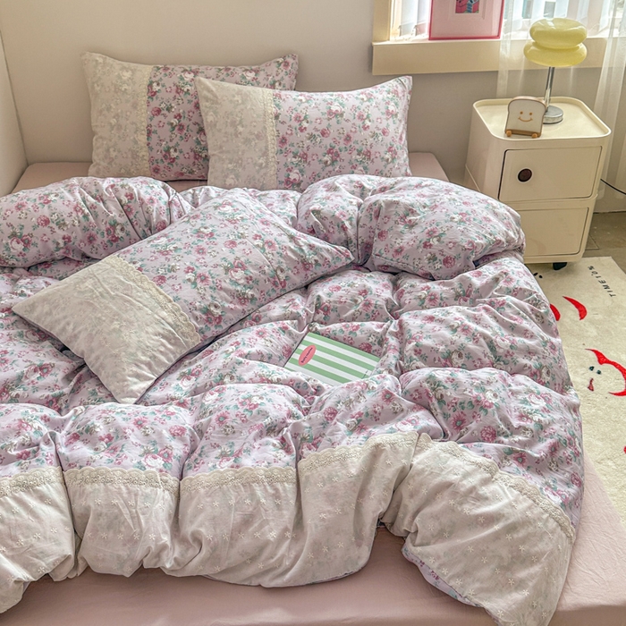 91家纺网 家纺一手货源 找家纺 温眠家纺 2025新款ins风小清新镂空花边水洗云朵棉四件套-风格二 美玲说