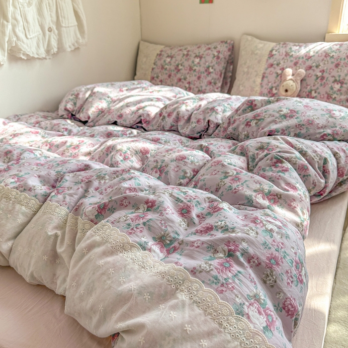 91家纺网 家纺一手货源 找家纺 温眠家纺 2025新款ins风小清新镂空花边水洗云朵棉四件套-风格二 美玲说