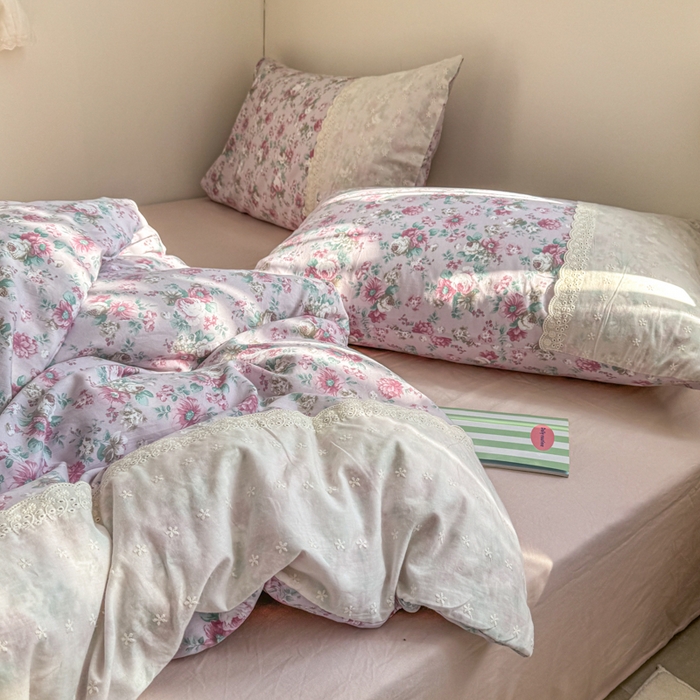 91家纺网 家纺一手货源 找家纺 温眠家纺 2025新款ins风小清新镂空花边水洗云朵棉四件套-风格二 美玲说