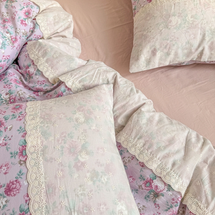 91家纺网 家纺一手货源 找家纺 温眠家纺 2025新款ins风小清新镂空花边水洗云朵棉四件套-风格二 美玲说