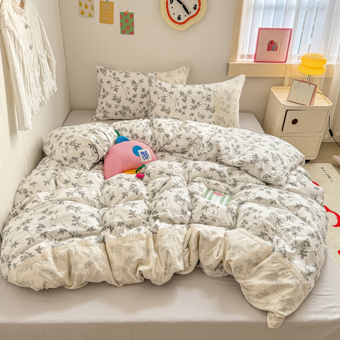 91家纺网 家纺一手货源 找家纺 温眠家纺 2025新款ins风小清新镂空花边水洗云朵棉四件套-风格二 莫奈花园