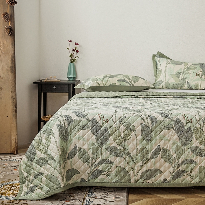 91家纺网 家纺一手货源 找家纺 恩和家纺 2026新款50s莱赛尔天丝床盖被美式对角款四件套 箬叶