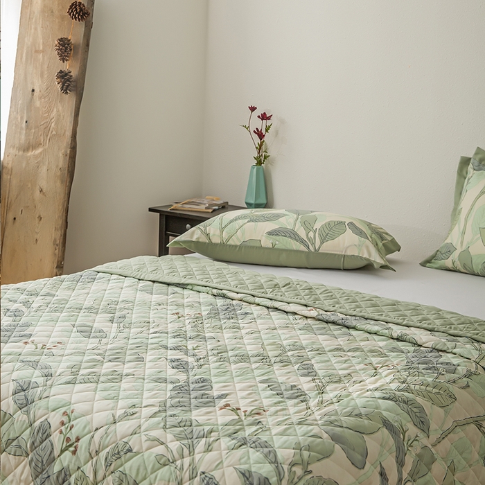 91家纺网 家纺一手货源 找家纺 恩和家纺 2026新款50s莱赛尔天丝床盖被美式对角款四件套 箬叶