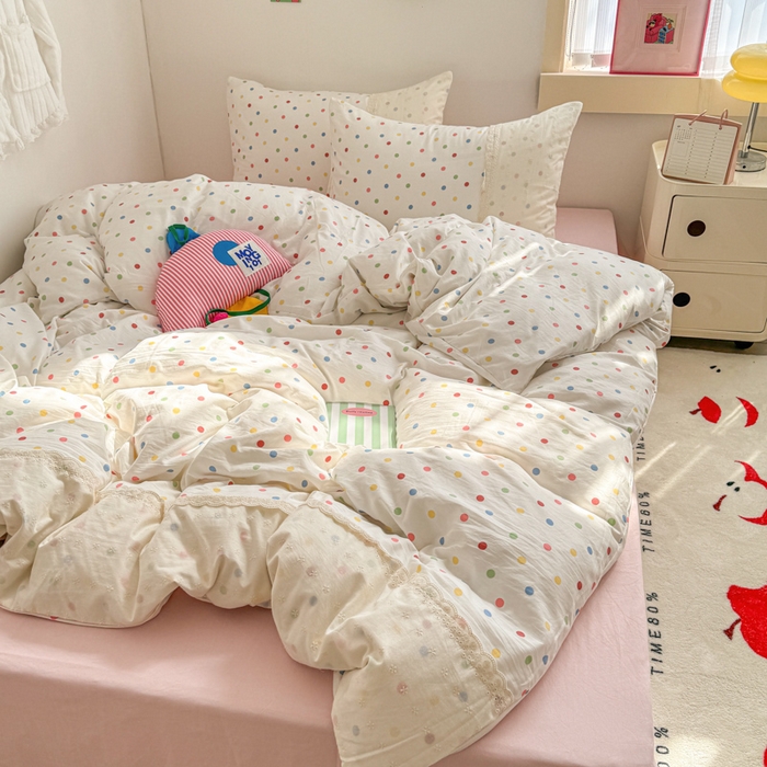 91家纺网 家纺一手货源 找家纺 温眠家纺 2025新款ins风小清新镂空花边水洗云朵棉四件套-风格二 奶油波点