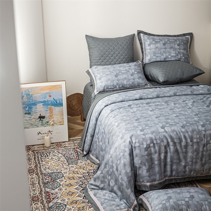 91家纺网 家纺一手货源 找家纺 （总）恩和家纺 2026新款50s莱赛尔天丝床盖被轻奢撞色款四件套