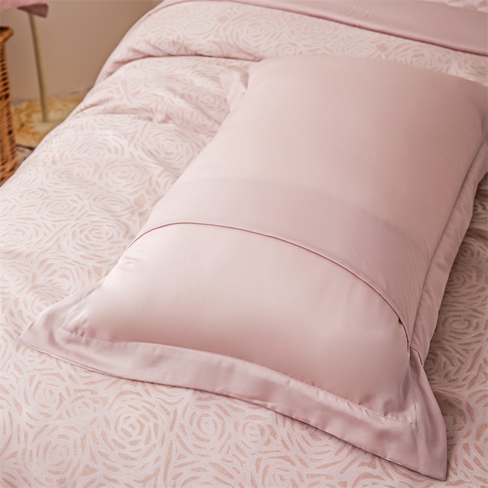 91家纺网 家纺一手货源 找家纺 恩和家纺 2026新款50s莱赛尔天丝床盖被轻奢撞色款四件套 绽放 山茶粉