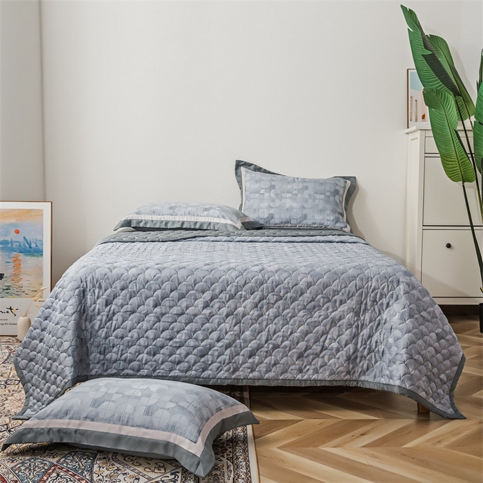 恩和家纺 2026新款50s莱赛尔天丝床盖被轻奢撞色款四件套 宁静 蓝