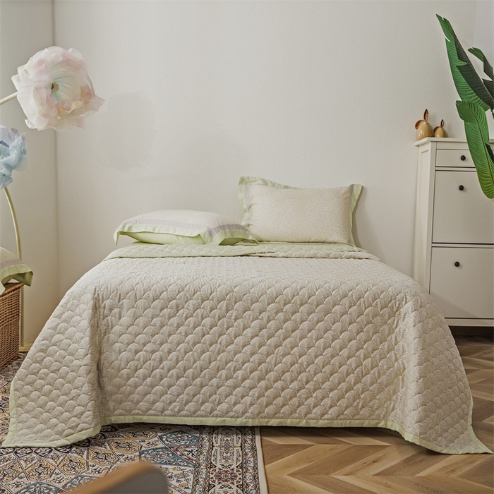 恩和家纺 2026新款50s莱赛尔天丝床盖被轻奢撞色款四件套 绽放 浅绿