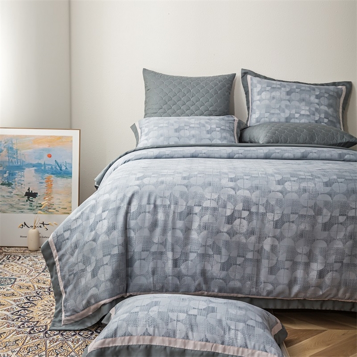 91家纺网 家纺一手货源 找家纺 恩和家纺 2026新款50s莱赛尔天丝床盖被轻奢撞色款四件套 宁静 蓝