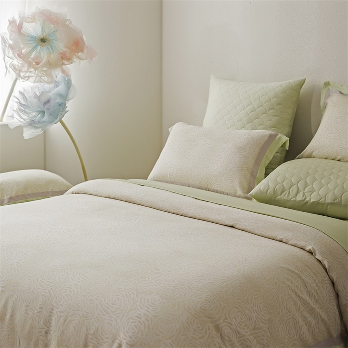 91家纺网 家纺一手货源 找家纺 恩和家纺 2026新款50s莱赛尔天丝床盖被轻奢撞色款四件套 绽放 浅绿