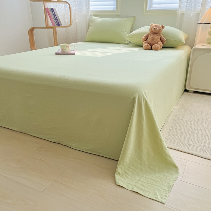 91家纺网 家纺一手货源 找家纺 温眠家纺 2025新款水洗棉色织单床单系列-床拍 豆绿