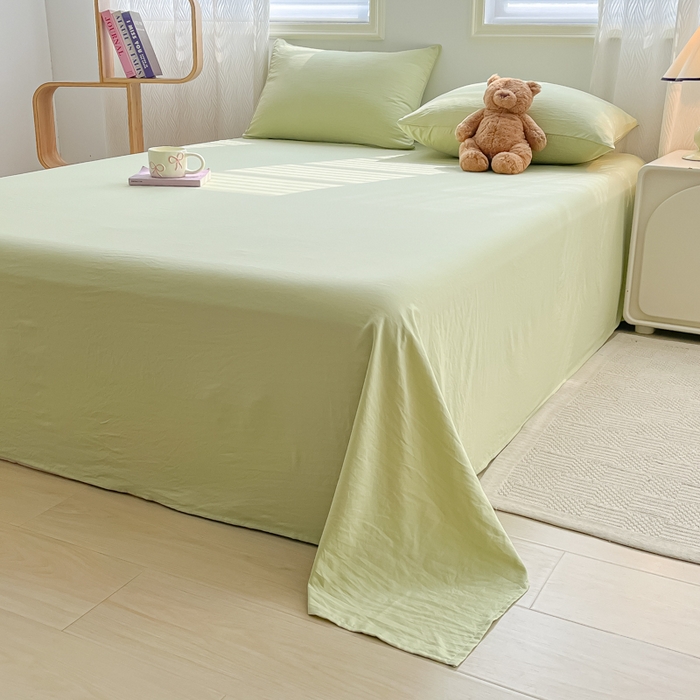 91家纺网 家纺一手货源 找家纺 温眠家纺 2025新款水洗棉色织单床单系列-床拍 豆绿