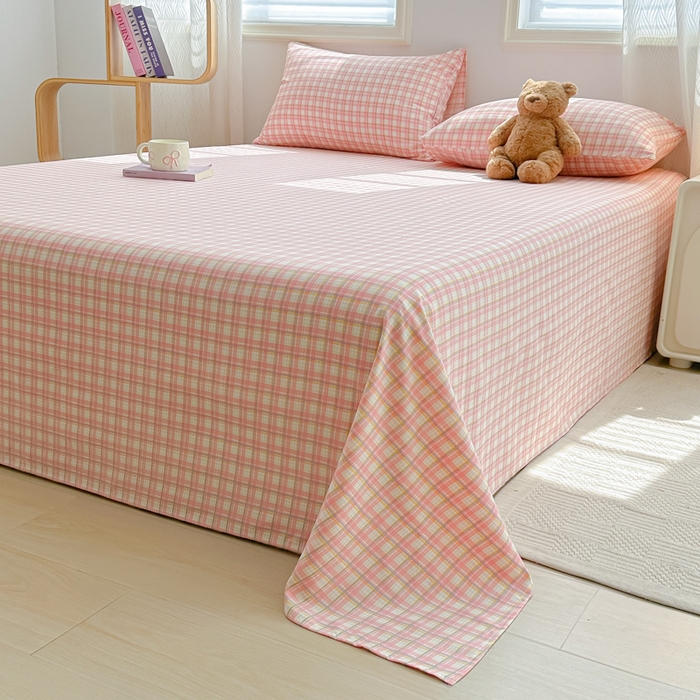 91家纺网 家纺一手货源 找家纺 温眠家纺 2025新款水洗棉色织单床单系列-床拍 典雅格-粉