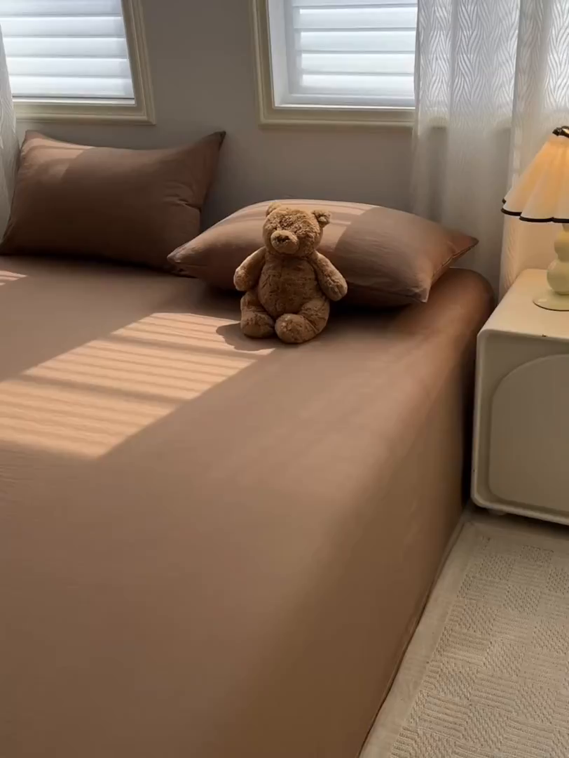 91家纺网 家纺一手货源 找家纺 温眠家纺 2025新款水洗棉色织单床单系列-床拍 咖啡