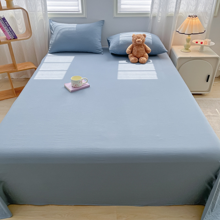 91家纺网 家纺一手货源 找家纺 温眠家纺 2025新款水洗棉色织单床单系列-床拍 迷雾蓝