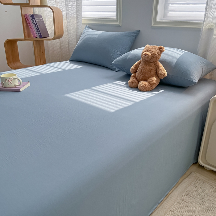 91家纺网 家纺一手货源 找家纺 温眠家纺 2025新款水洗棉色织单床单系列-床拍 迷雾蓝