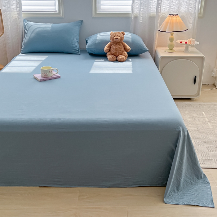 91家纺网 家纺一手货源 找家纺 温眠家纺 2025新款水洗棉色织单床单系列-床拍 迷雾蓝