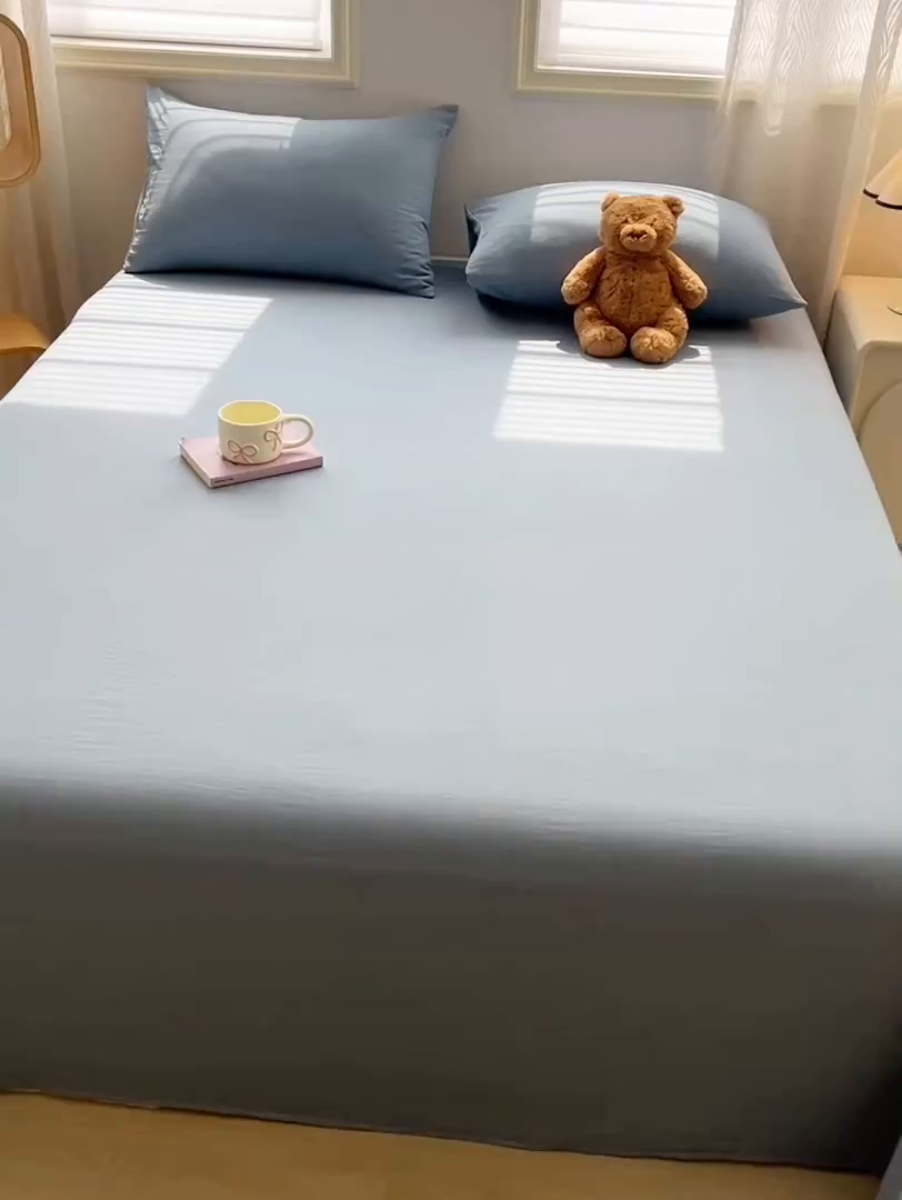 91家纺网 家纺一手货源 找家纺 温眠家纺 2025新款水洗棉色织单床单系列-床拍 迷雾蓝