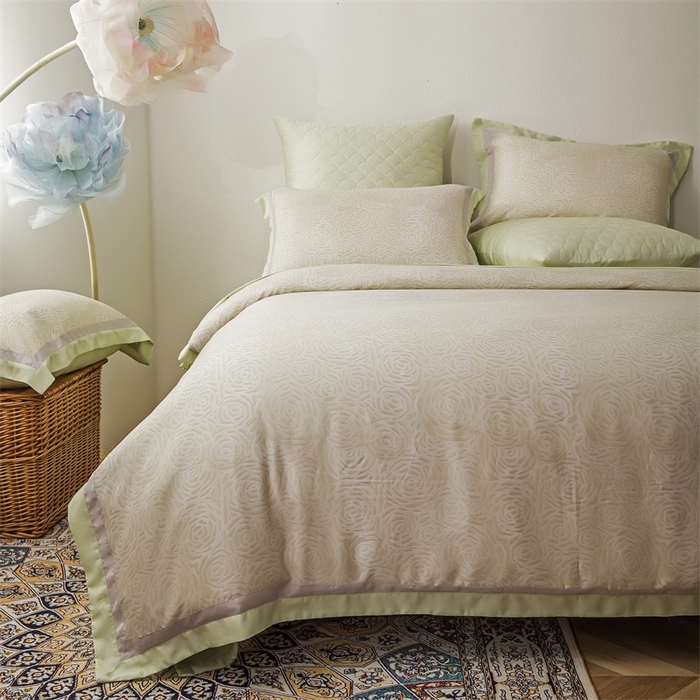 恩和家纺 2026新款50s莱赛尔天丝轻奢撞色款床盖多件套 绽放 浅绿