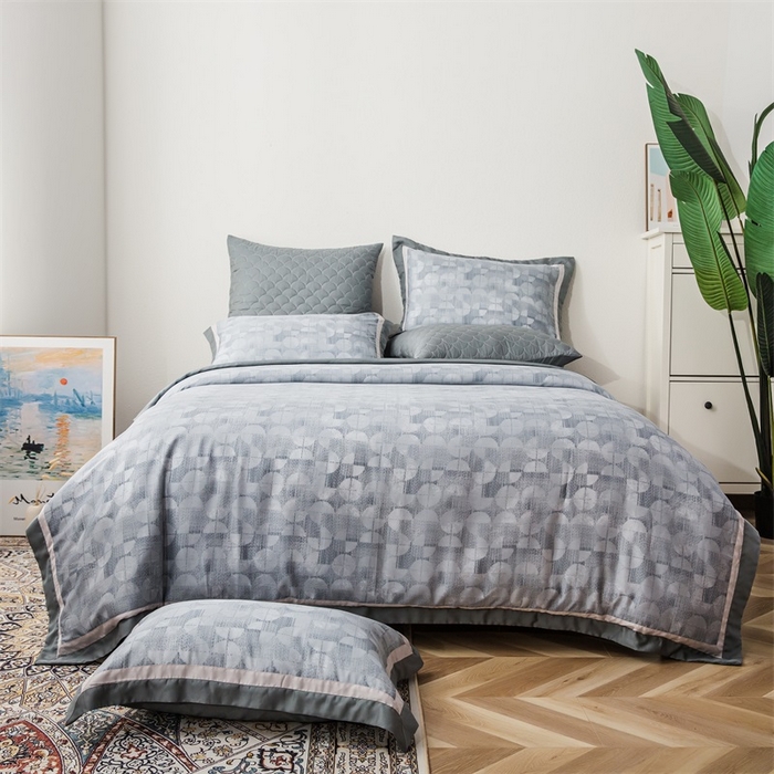 91家纺网 家纺一手货源 找家纺 恩和家纺 2026新款50s莱赛尔天丝轻奢撞色款床盖多件套 宁静 蓝