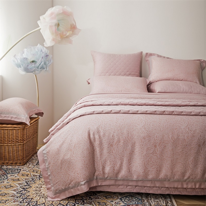 恩和家纺 2026新款50s莱赛尔天丝轻奢撞色款床盖多件套 绽放 山茶粉