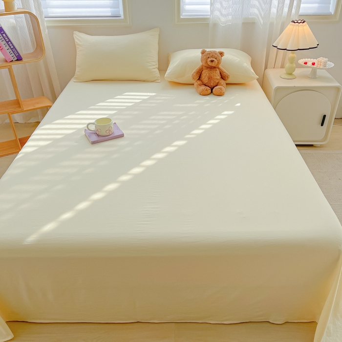 91家纺网 家纺一手货源 找家纺 温眠家纺 2025新款水洗棉色织单床单系列-床拍 奶黄