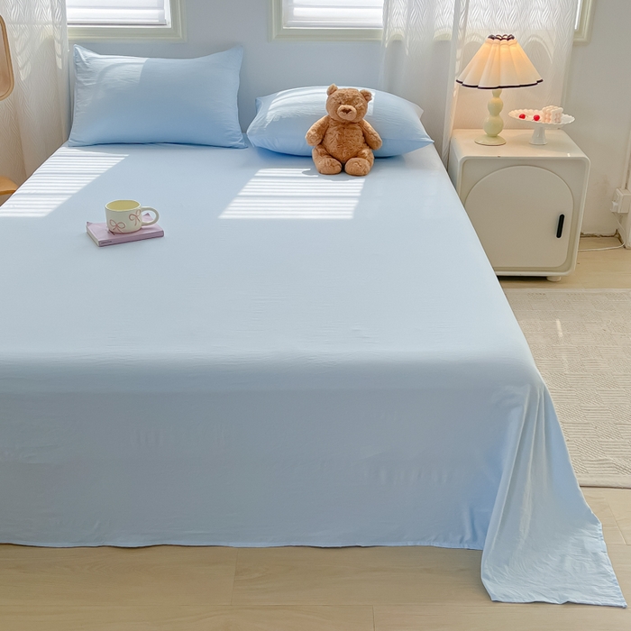 91家纺网 家纺一手货源 找家纺 温眠家纺 2025新款水洗棉色织单床单系列-床拍 奶蓝