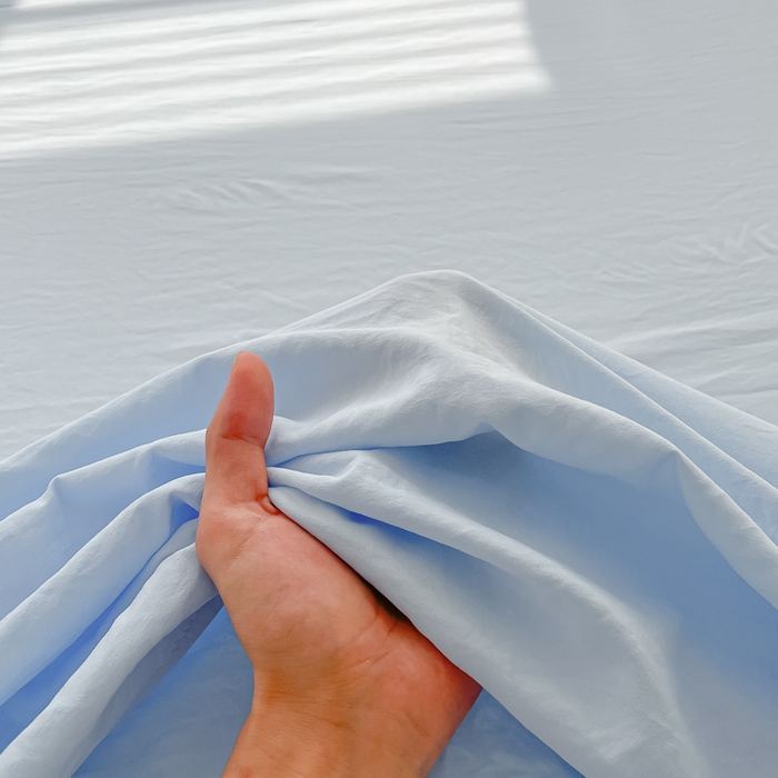 91家纺网 家纺一手货源 找家纺 温眠家纺 2025新款水洗棉色织单床单系列-床拍 奶蓝