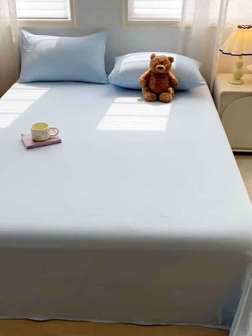 91家纺网 家纺一手货源 找家纺 温眠家纺 2025新款水洗棉色织单床单系列-床拍 奶蓝