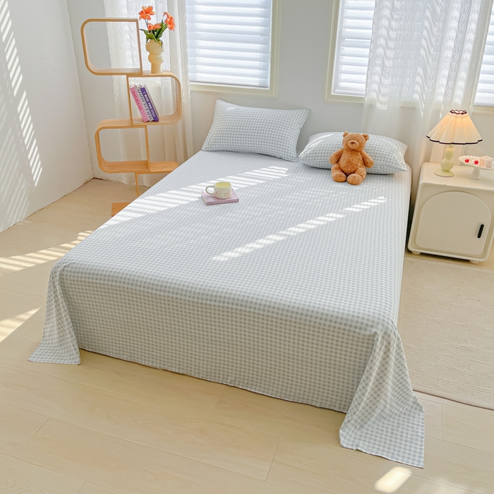 91家纺网 家纺一手货源 找家纺 温眠家纺 2025新款水洗棉色织单床单系列-床拍 小蓝格