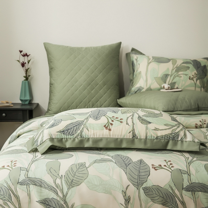 91家纺网 家纺一手货源 找家纺 恩和家纺 2026新款50s莱赛尔天丝套件美式对角款床盖多件套 箬叶