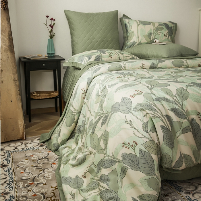 91家纺网 家纺一手货源 找家纺 恩和家纺 2026新款50s莱赛尔天丝套件美式对角款床盖多件套 箬叶