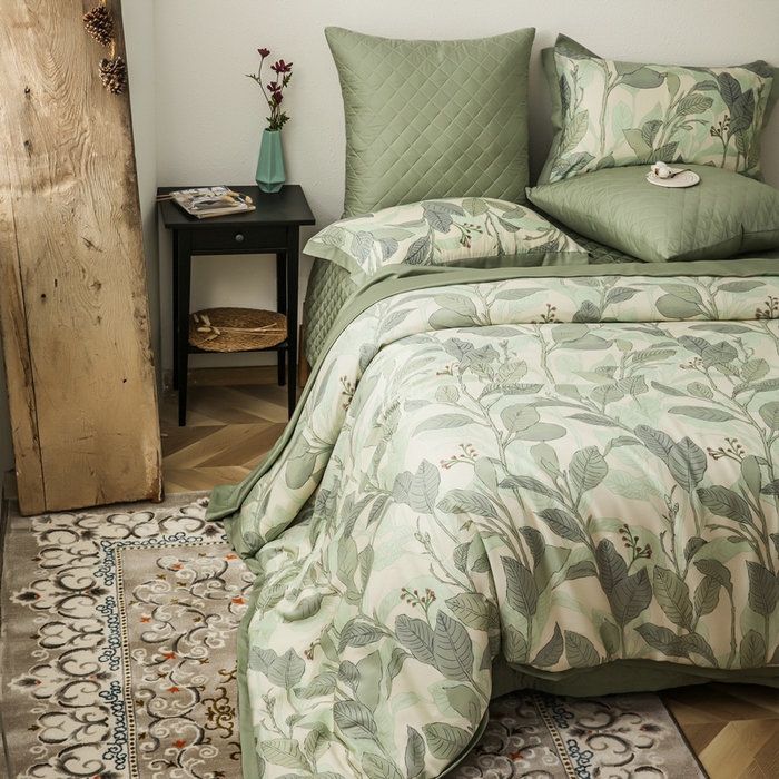 91家纺网 家纺一手货源 找家纺 恩和家纺 2026新款50s莱赛尔天丝套件美式对角款床盖多件套 箬叶