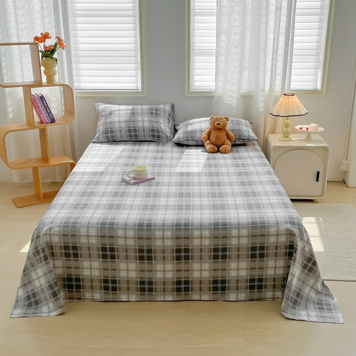 温眠家纺 2025新款水洗棉色织单床单系列-床拍 烟灰格