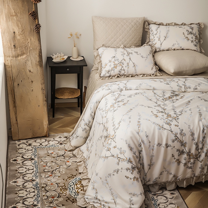 91家纺网 家纺一手货源 找家纺 （总）恩和家纺 2026新款50s莱赛尔天丝法式花边款法式飞边床盖四件套