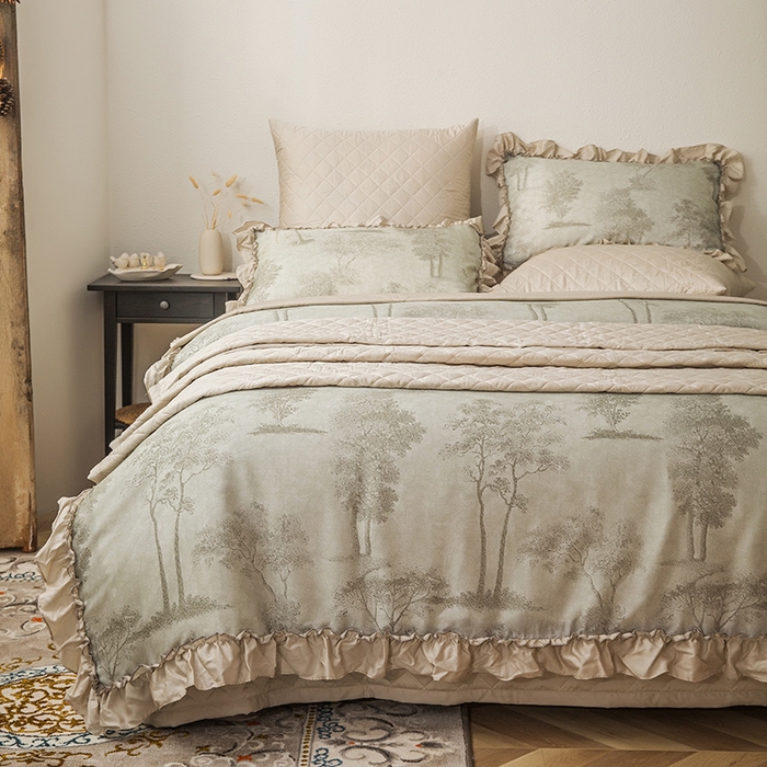 恩和家纺 2026新款50s莱赛尔天丝法式花边款法式飞边床盖四件套 春生