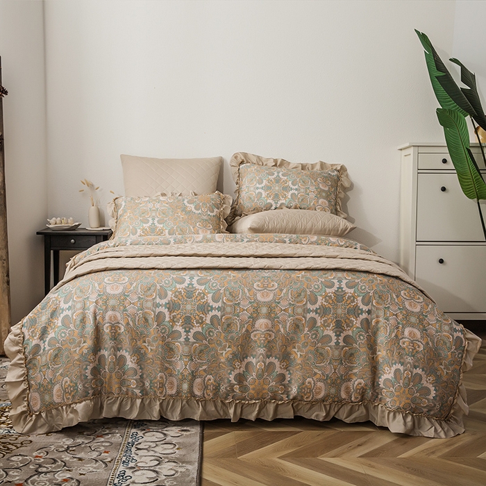 91家纺网 家纺一手货源 找家纺 恩和家纺 2026新款50s莱赛尔天丝法式花边款法式飞边床盖四件套 繁花